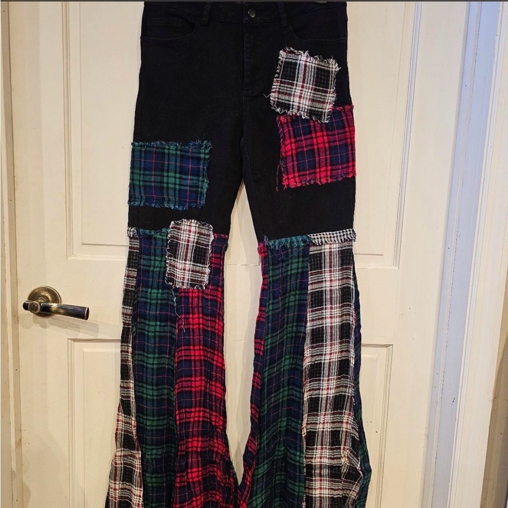 Dolls Kill- Current Mood- Better Together. Black denim with plaid patchwork <3